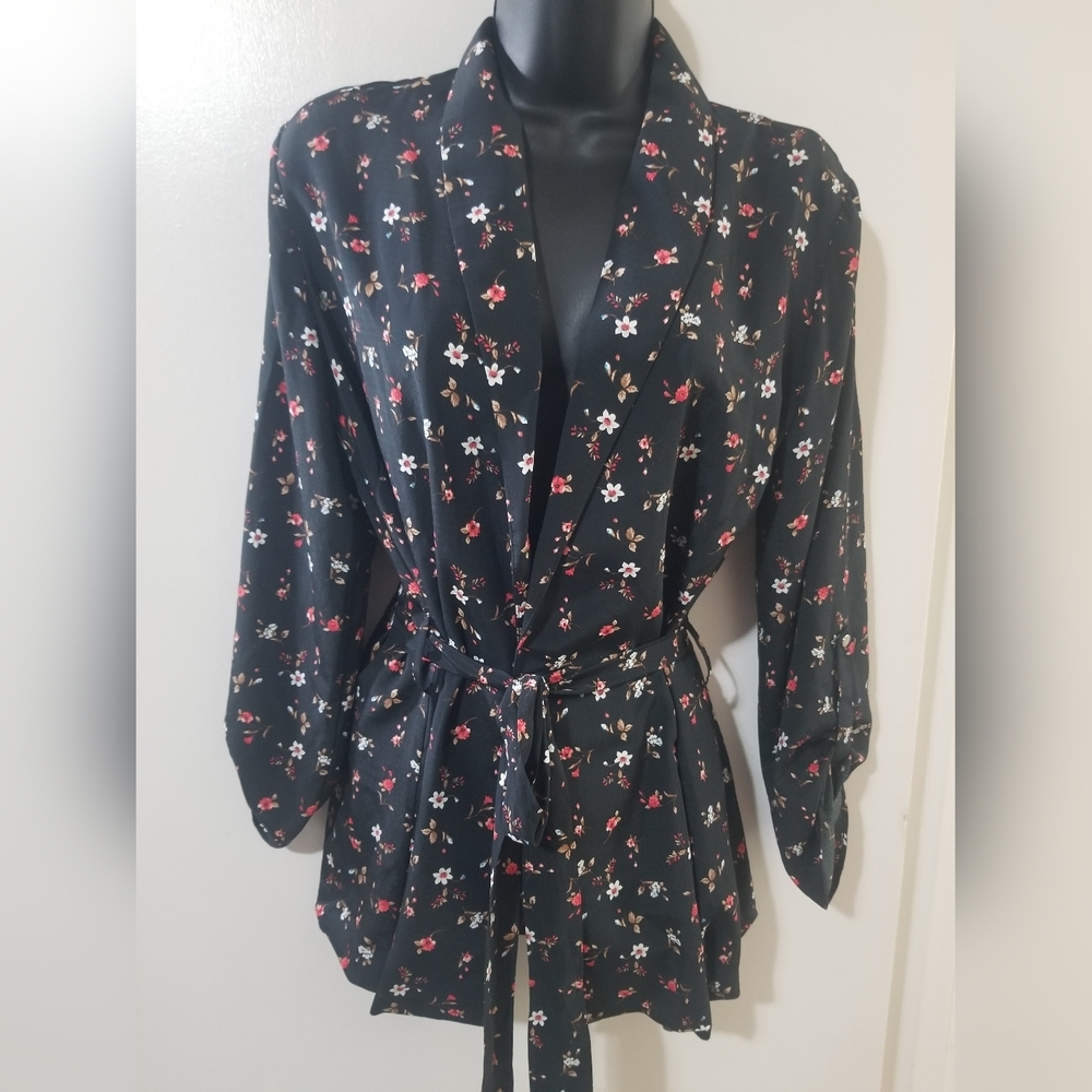 Samsara Black Floral Kimono Wrap Jacket Tie Waist Size 2